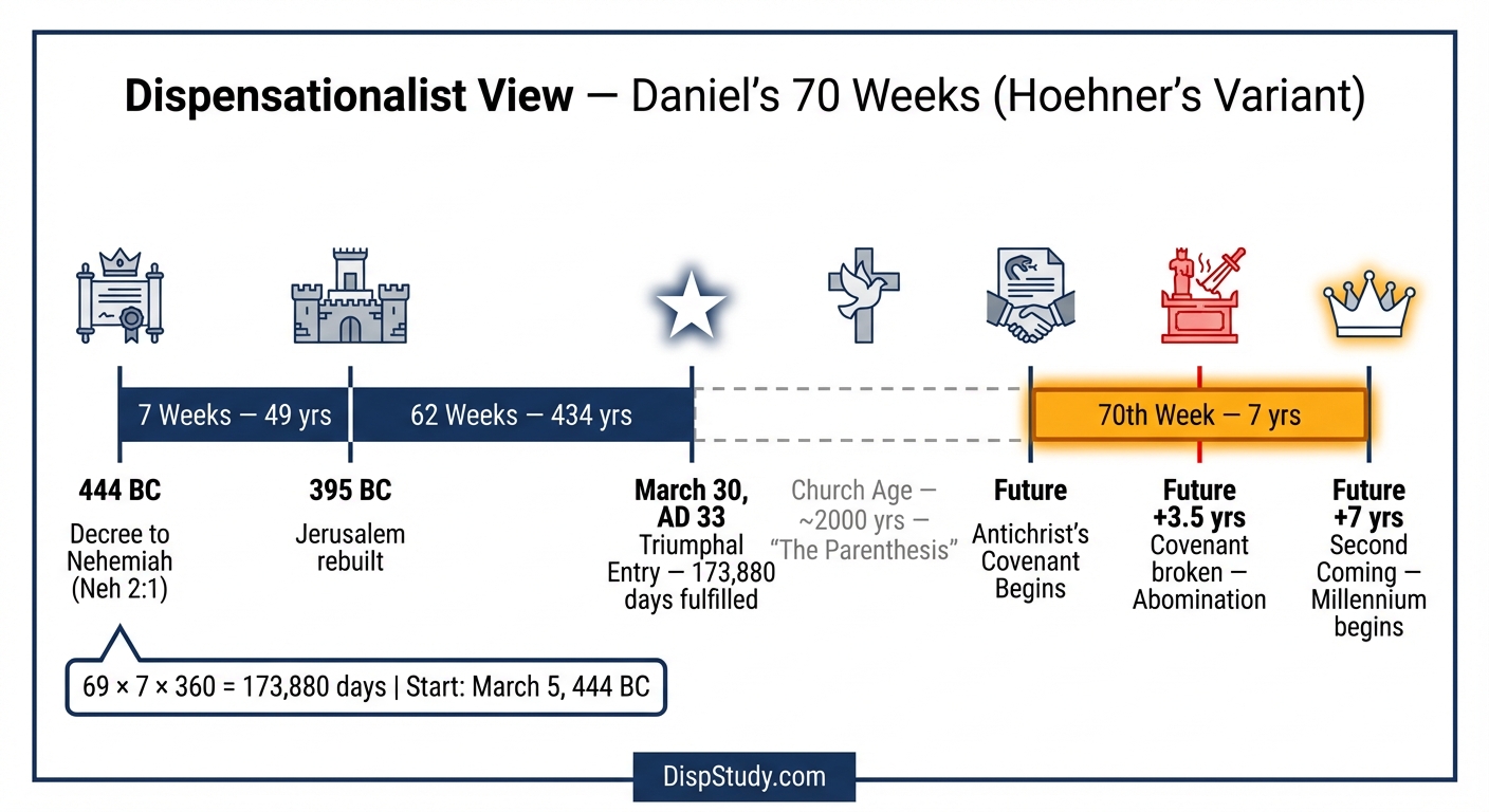 Dispensationalist view of Daniel's Seventy Weeks — Hoehner's variant, showing the timeline from 444 BC to the future 70th week with the Church Age gap