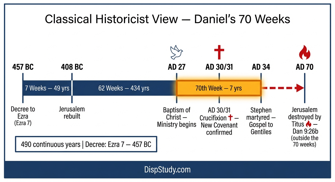 Historical-Messianic view of Daniel's Seventy Weeks — continuous Christocentric timeline from 457 BC to AD 34 with the destruction of Jerusalem in AD 70