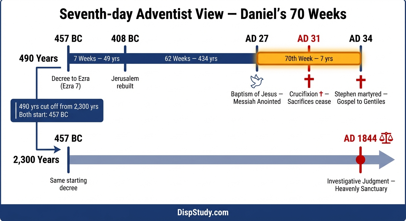 Seventh-day Adventist view of Daniel's Seventy Weeks — historicist timeline from 457 BC to AD 34 with connection to the 2300-day prophecy