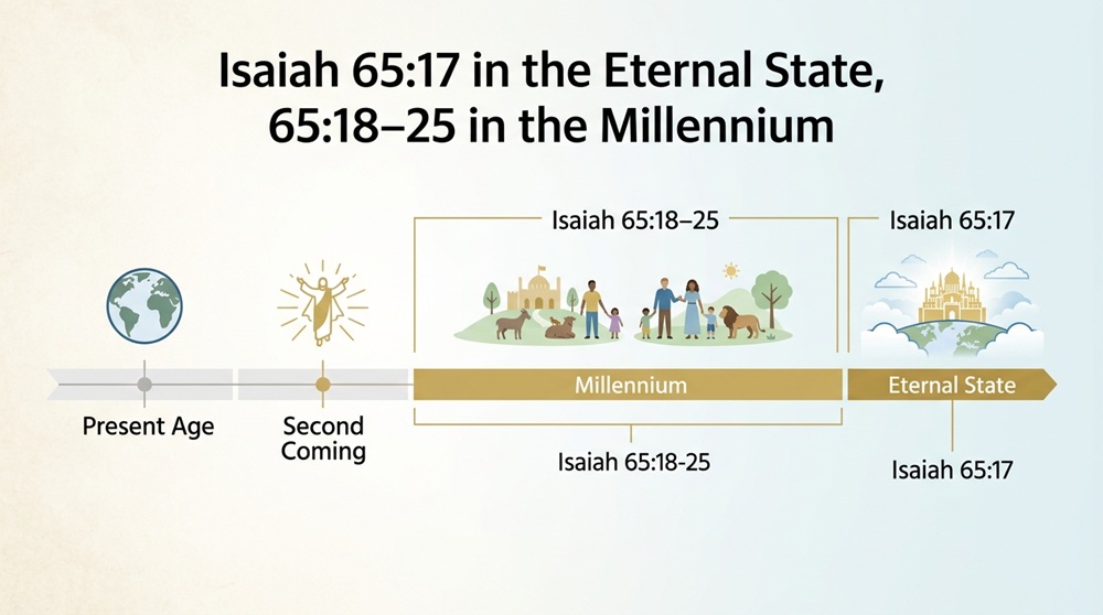 Timeline of dispensational view 2: Isaiah 65:17 in the eternal state and Isaiah 65:18-25 in the Millennium.