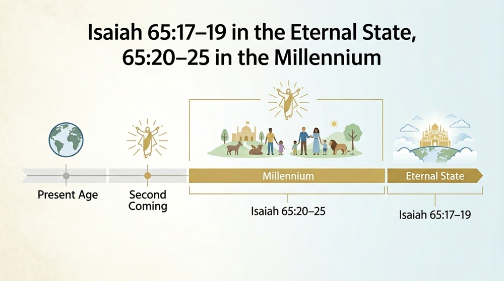Timeline of dispensational view 3: Isaiah 65:17-19 in the eternal state and Isaiah 65:20-25 in the Millennium.