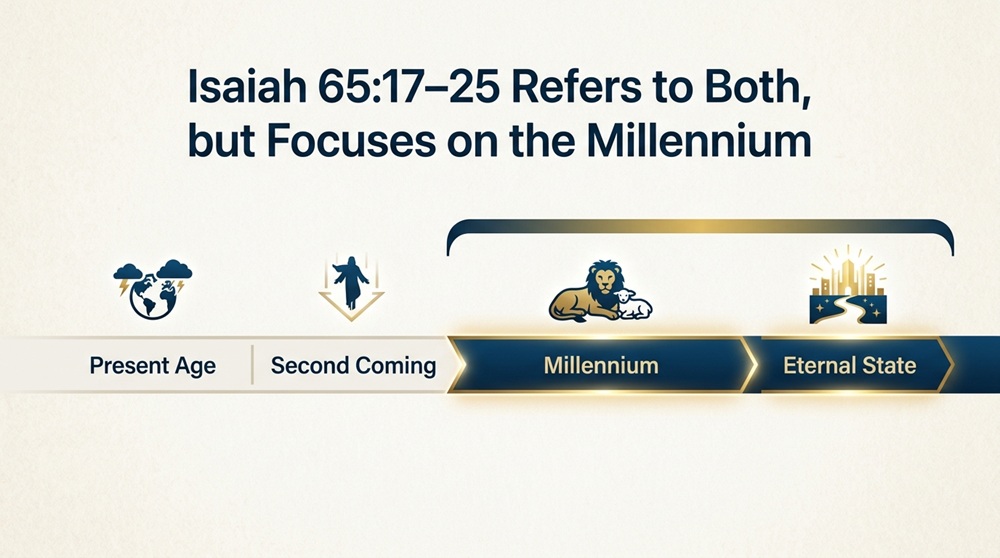 Timeline of dispensational view 4: Isaiah 65:17-25 refers to both the Millennium and the eternal state, but the text focuses on the Millennium.