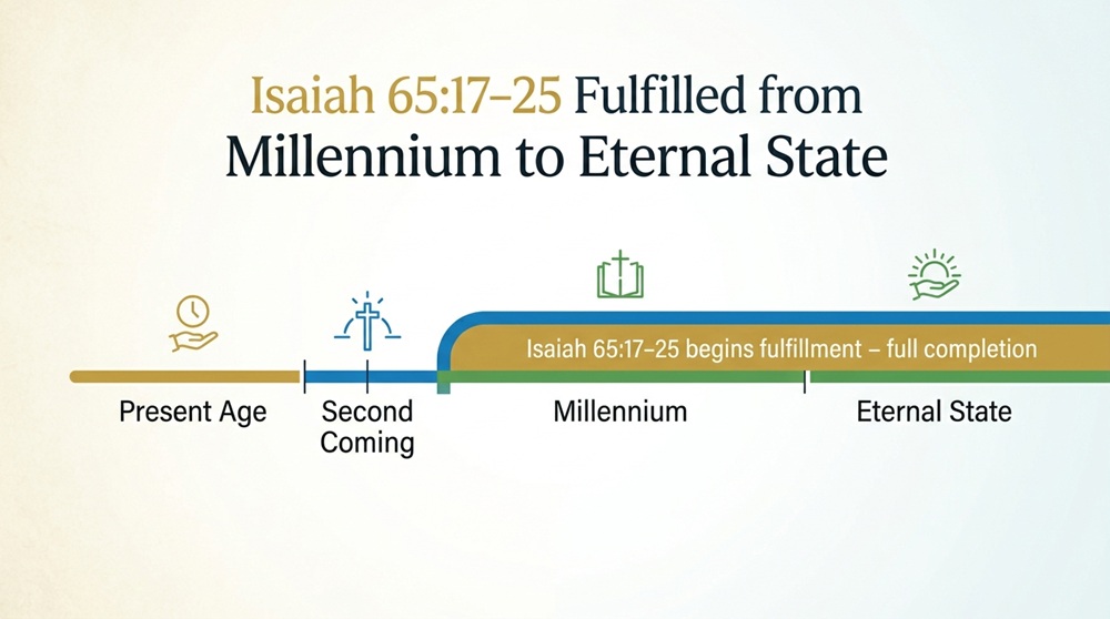 Timeline of dispensational view 5: Isaiah 65:17-25 begins fulfillment in the Millennium and extends into the eternal state in continuity, following the new creation model.