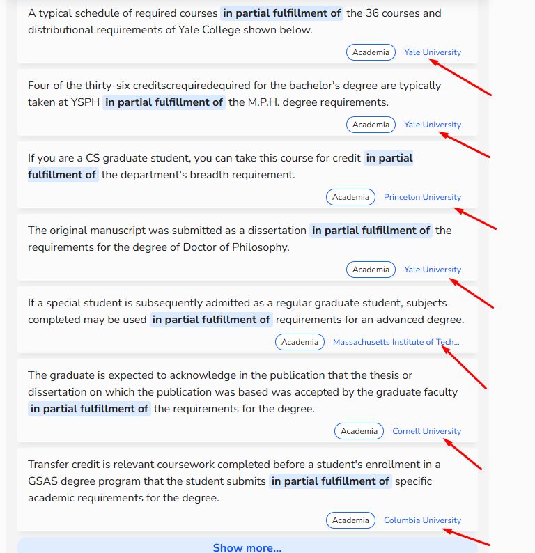 Screenshot of corpus results showing "in partial fulfillment of" across multiple academic institutions